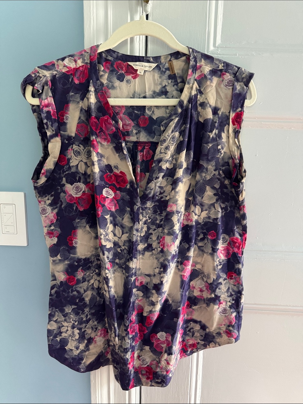 Rebecca Taylor Navy & Pink Floral Cap-Sleeve V-Neck Blouse